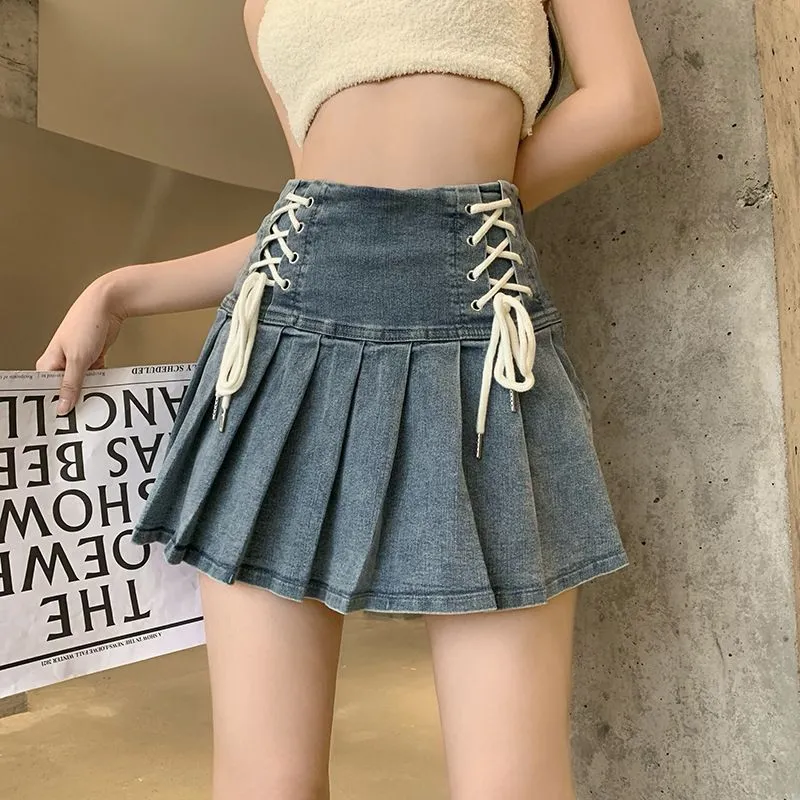 Women Fashion Sexy High Waist Pleated Lace-Up Denim Skirt