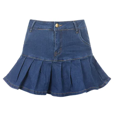 Women Fashion Sexy Solid Color Pleated Denim A-Line Skirt