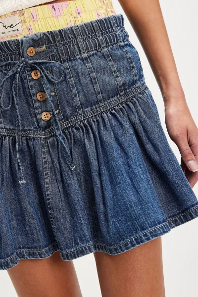 Women's High Waist Pleated Lace-Up Denim Skirt - Street Style