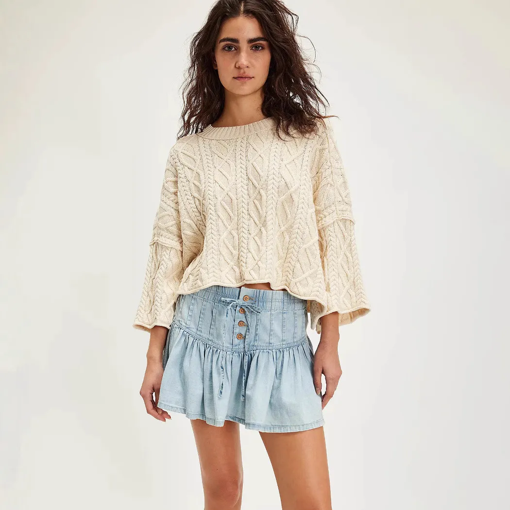 Women's High Waist Pleated Lace-Up Denim Skirt - Street Style