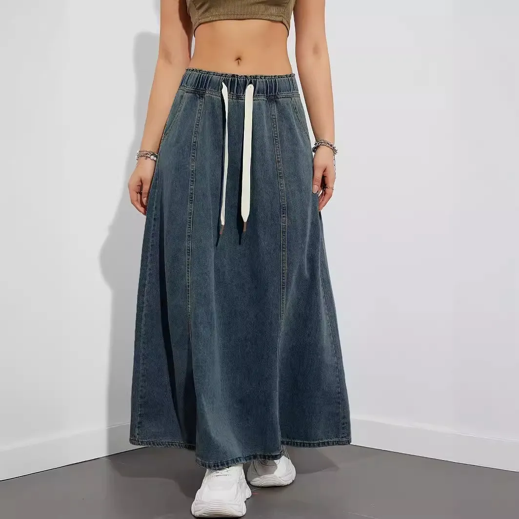 Women Casual Loose Waist Swing Drawstring Denim A-Line Skirt