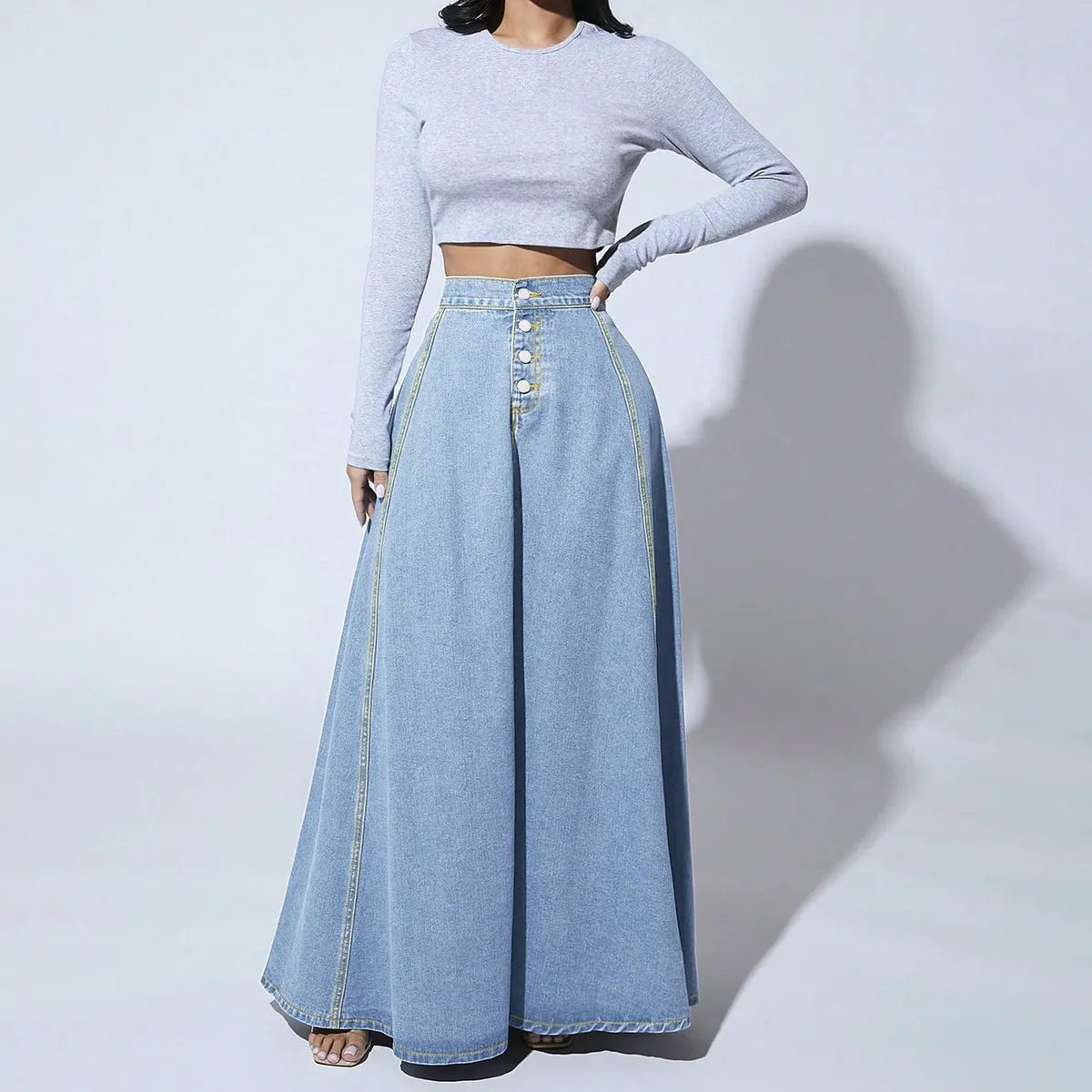 Women Casual Single-Breasted Loose Denim A-Line Skirt