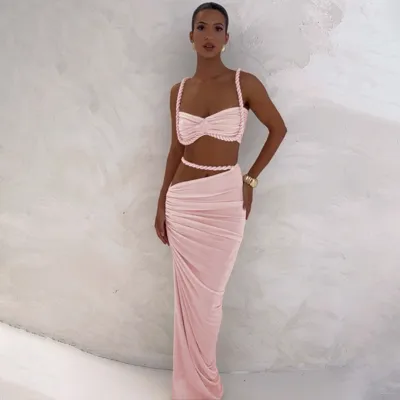 Women Fashion Sexy Solid Color Pleated Camisole Slim Fit Skirt Two-Piece Set