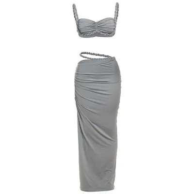 Women Fashion Sexy Solid Color Pleated Camisole Slim Fit Skirt Two-Piece Set