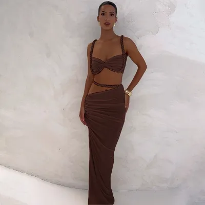 Women Fashion Sexy Solid Color Pleated Camisole Slim Fit Skirt Two-Piece Set