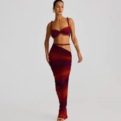 Women Fashion Sexy Solid Color Pleated Camisole Slim Fit Skirt Two-Piece Set