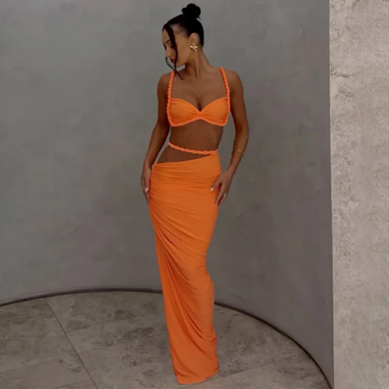 Women Fashion Sexy Solid Color Pleated Camisole Slim Fit Skirt Two-Piece Set