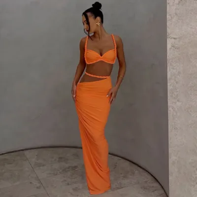 Women Fashion Sexy Solid Color Pleated Camisole Slim Fit Skirt Two-Piece Set