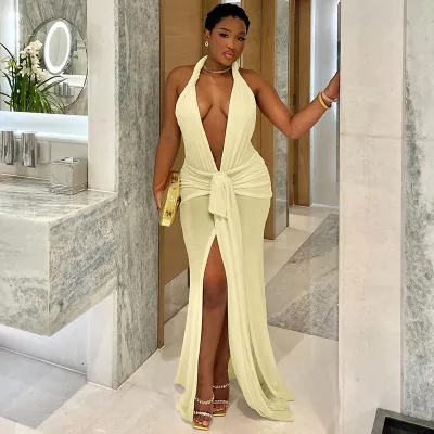 Women Fasihon Sexy Solid Color Deep V-Neck Halter-Neck Backless Split Dress