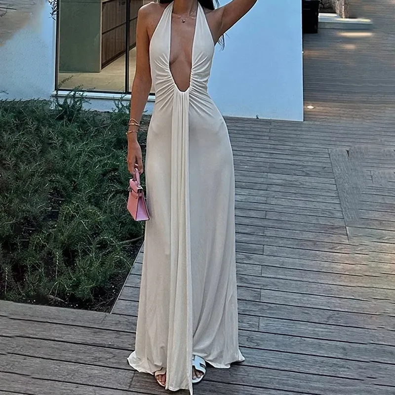 Women Elegant Halter-Neck Backless Pleated Maxi Dress