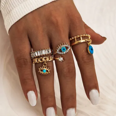 Women Vintage Evil Eye Rhinestone Ring 4pcsSet