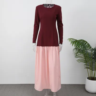 Elegant Women Fashion Long Sleeve Patchwork Maxi Dress