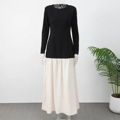 Elegant Women Fashion Long Sleeve Patchwork Maxi Dress