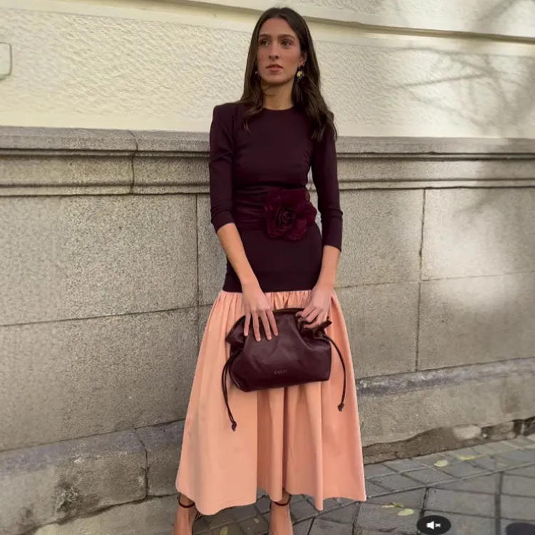 Elegant Women Fashion Long Sleeve Patchwork Maxi Dress