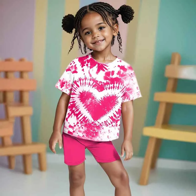 Kids Toddler Girls Cute Tie-Dye Heart Print Short Sleeve T-Shirt and Shorts Set