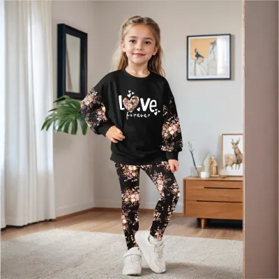 Kids Toddler Girls Cute Tiny Flower Print Long Sleeve Sweatshirt Pants Set