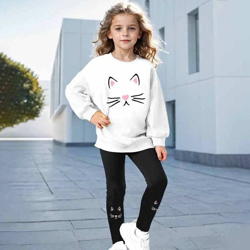 Kids Toddler Girls Casual Cat Print Long Sleeve Sweatshirt Leggings Pants Set