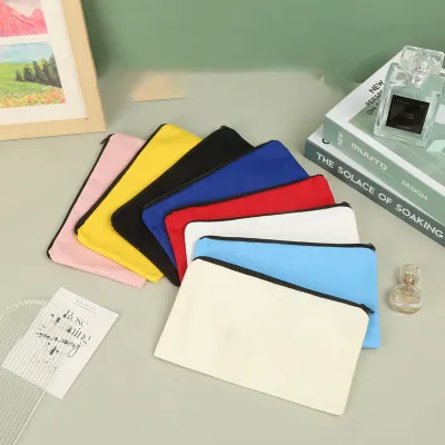 Fashion Simple Solid Color Zipper Stationery Pencil Canvas Storage Bag