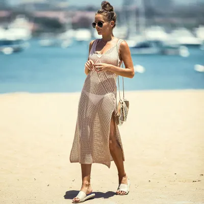 Women Fashion Solid Color Hollow-Out Backless Sleeveless Knitted Swimsuit Cover-Ups