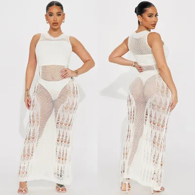 Women Sexy Solid Color Sleeveless Hollow-Out Knitted Beach Swimsuit Cover-Ups
