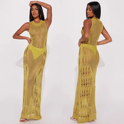Women Sexy Solid Color Sleeveless Hollow-Out Knitted Beach Swimsuit Cover-Ups