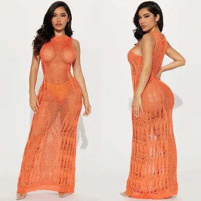 Women Sexy Solid Color Sleeveless Hollow-Out Knitted Beach Swimsuit Cover-Ups