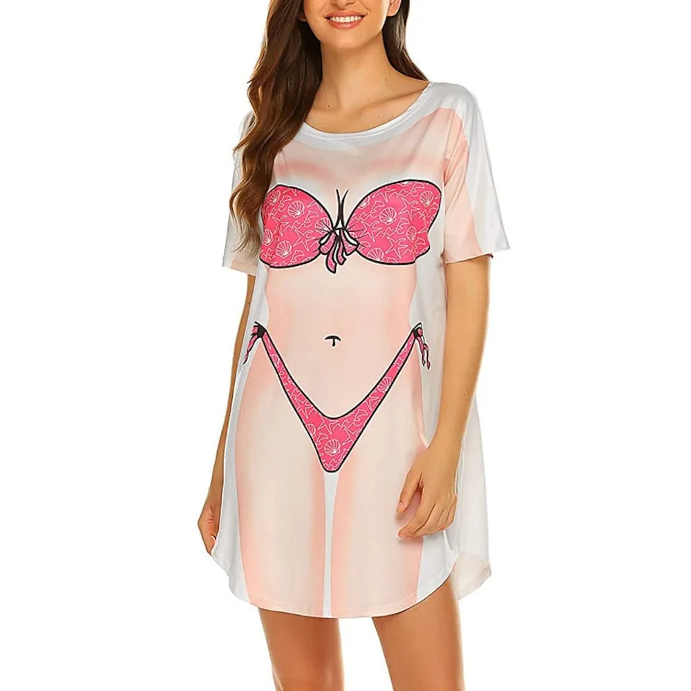 Women Fashion Casual 3D Printed Short Sleeve Swimsuit Cover-Up Midi Dress