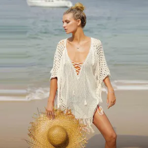 Women Fashion Casual Solid Color V-Neck Hollow-Out Thin Knitted Tassels Swimsuit Cover-Ups