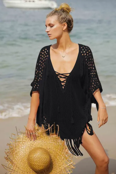 Women Fashion Casual Solid Color V-Neck Hollow-Out Thin Knitted Tassels Swimsuit Cover-Ups
