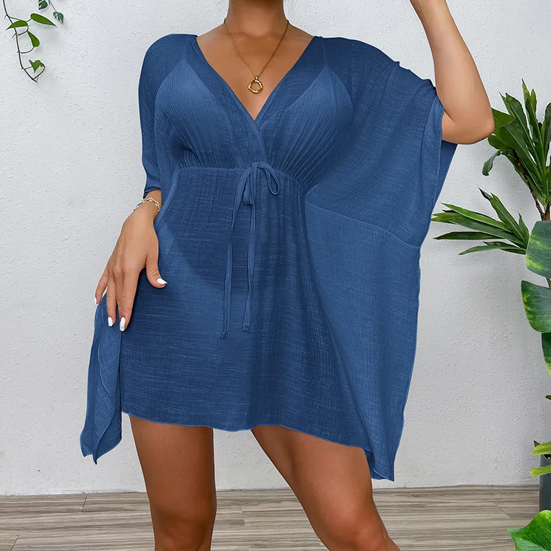 Women Fashion Casual Solid Color V-Neck Lace-Up Tight Waist Swimsuit Cover-Up
