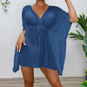 Women Fashion Casual Solid Color V-Neck Lace-Up Tight Waist Swimsuit Cover-Up