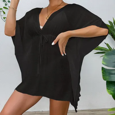 Women Fashion Casual Solid Color V-Neck Lace-Up Tight Waist Swimsuit Cover-Up
