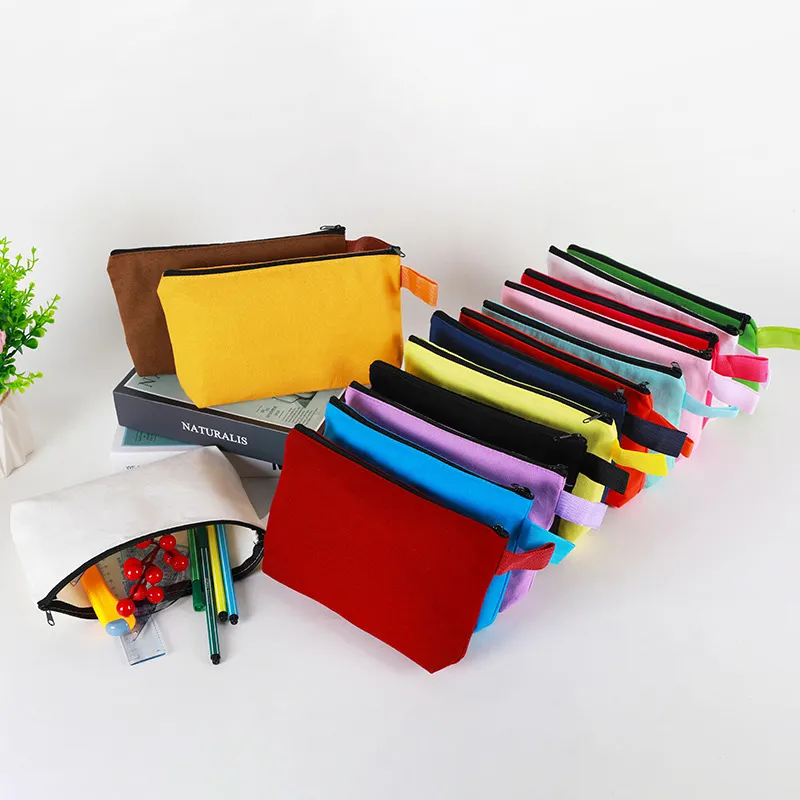 Fashion Simple Solid Color Zipper Stationery Pencil Canvas Storage Bag