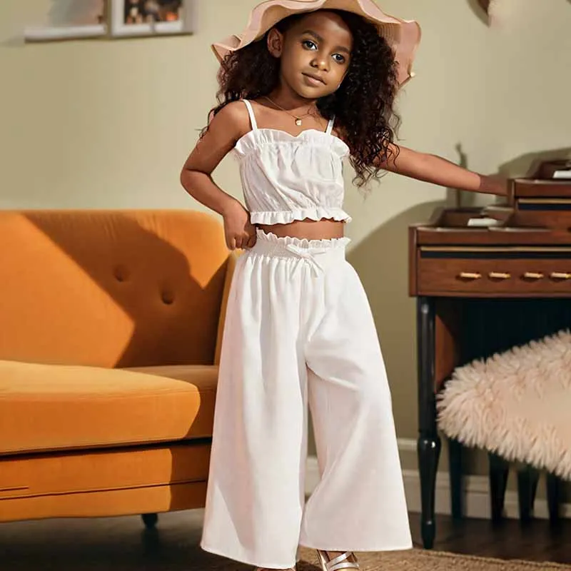 Kids Toddler Girls Casual Cute Solid Color Flounced Camisole and Trousers Set