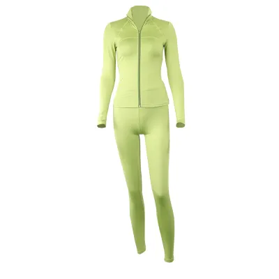 Women Casual Solid Color Zipper Stand Collar Long-Sleeve Jacket Tight Pants Yoga Sports Two-Piece Set