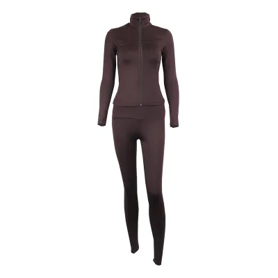 Women Casual Solid Color Zipper Stand Collar Long-Sleeve Jacket Tight Pants Yoga Sports Two-Piece Set
