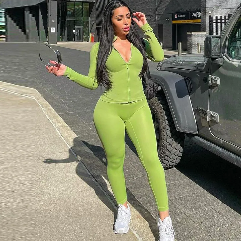 Women Casual Solid Color Zipper Stand Collar Long-Sleeve Jacket Tight Pants Yoga Sports Two-Piece Set