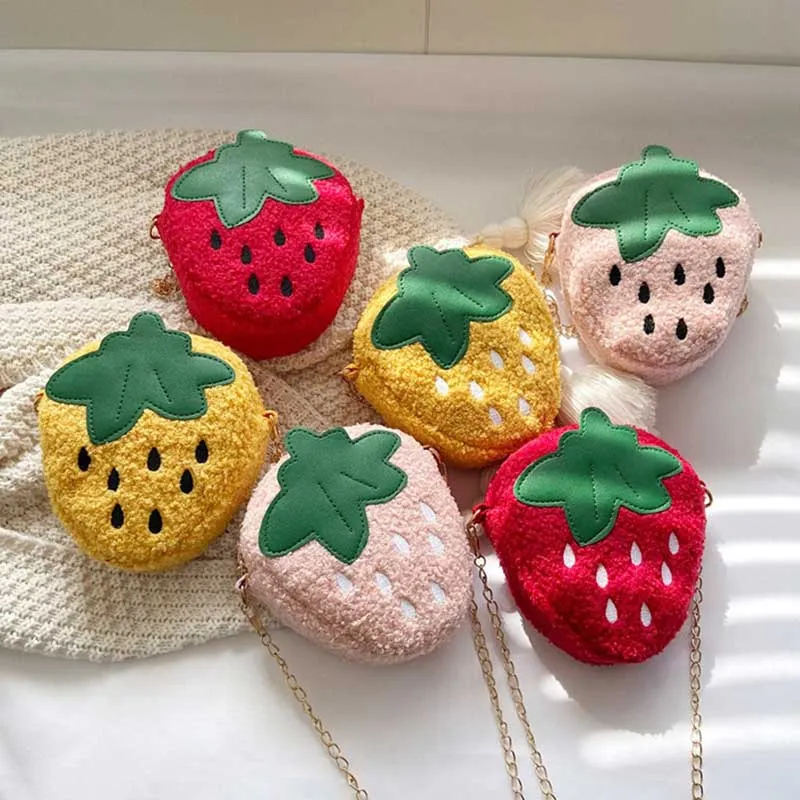 Kids Cute Cartoon Plush Strawberry Crossbody Bag for Girls Kindergarten