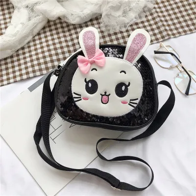Kids Cute Cartoon Rabbit Sequins Crossbody PU Leather Bag for Kindergarten Girls