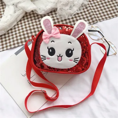 Kids Cute Cartoon Rabbit Sequins Crossbody PU Leather Bag for Kindergarten Girls