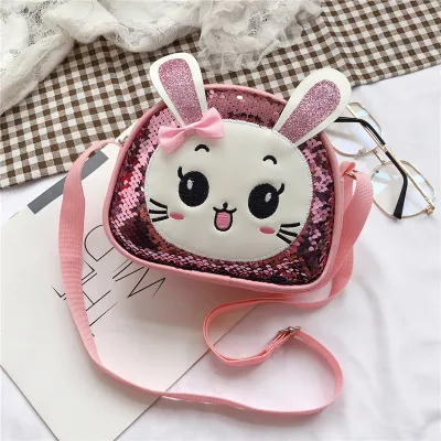 Kids Cute Cartoon Rabbit Sequins Crossbody PU Leather Bag for Kindergarten Girls