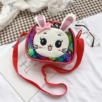 Kids Cute Cartoon Rabbit Sequins Crossbody PU Leather Bag for Kindergarten Girls