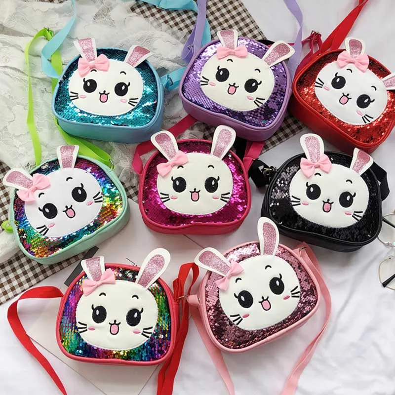 Kids Cute Cartoon Rabbit Sequins Crossbody PU Leather Bag for Kindergarten Girls