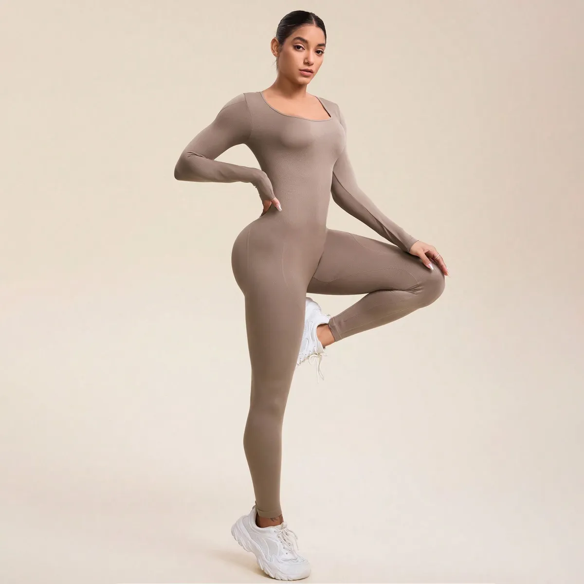 Women Solid Color Seamless Long-Sleeve Backless High-Elastic Tight Yoga Jumpsuits