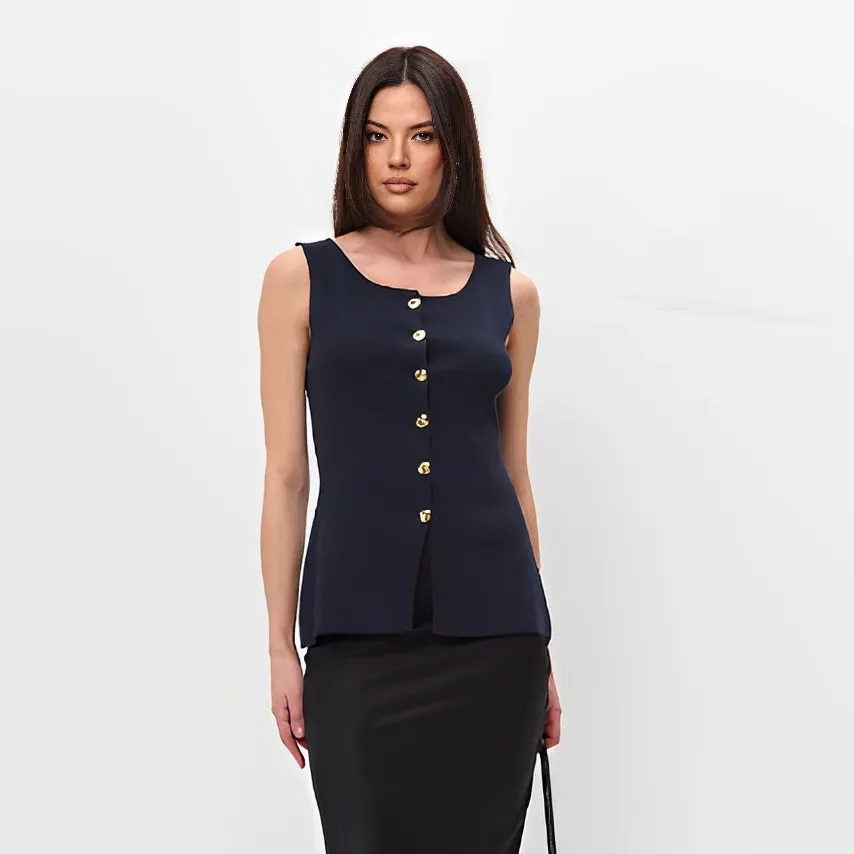 Women's Casual Solid Color Metal Buckle Knitted Slim-Fit Tank Top