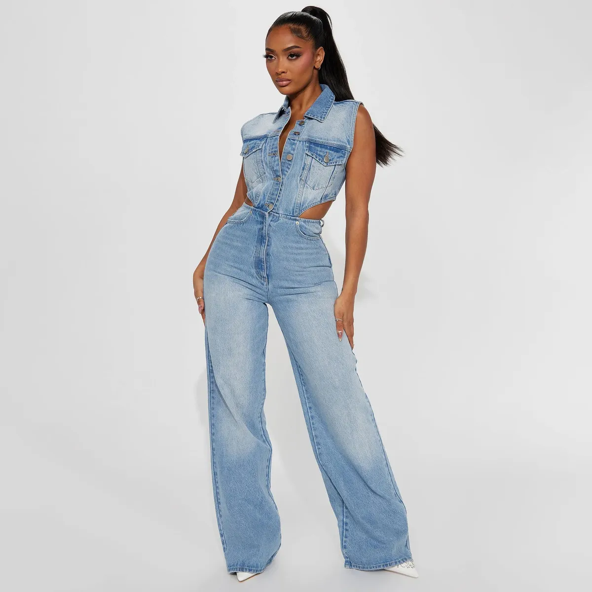 Women Fashion Sexy Lapel Sleeveless Slim-Fit Stretch Loose Denim Jumpsuits