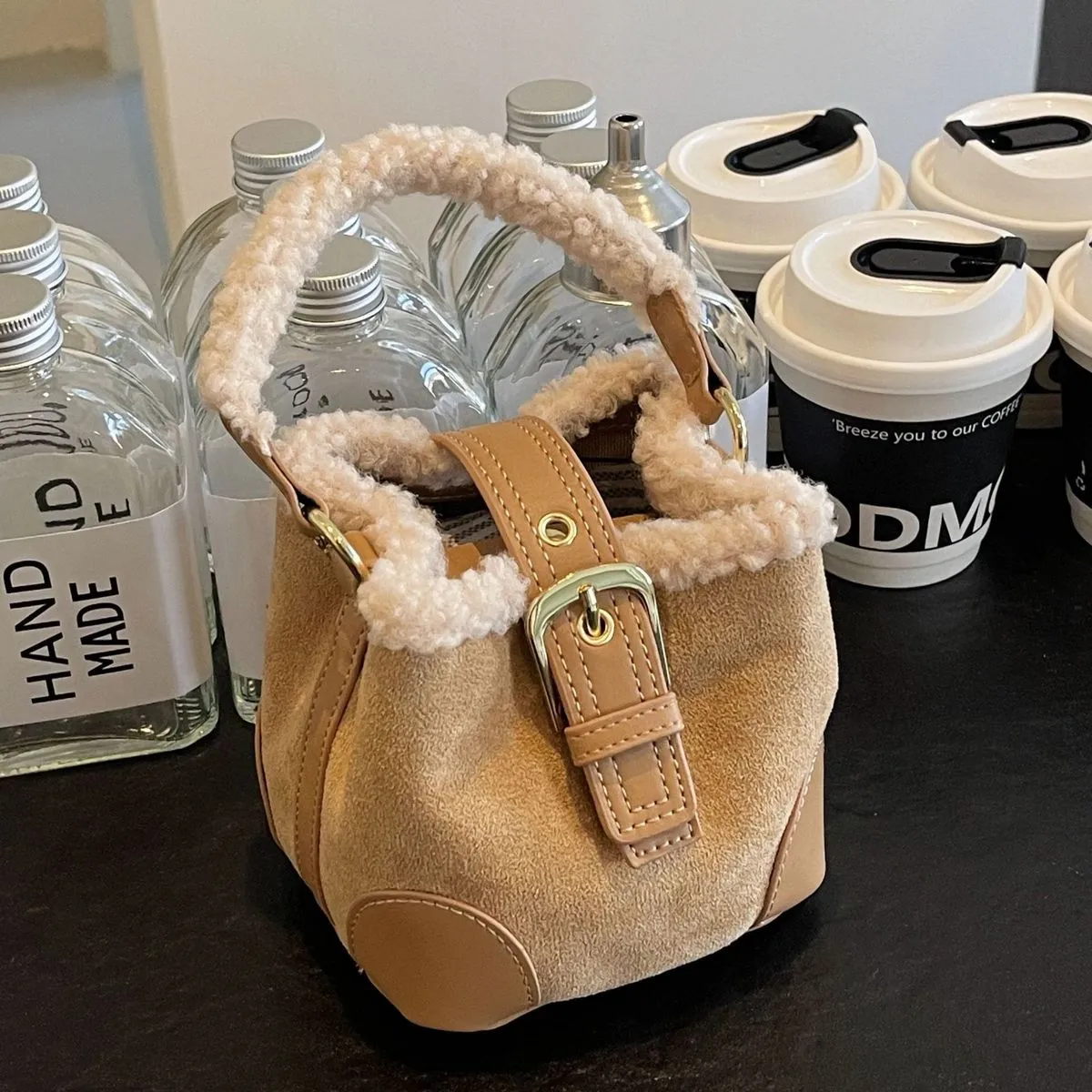 Women Fashion Casual Lamb Wool Suede Bucket Crossbody Bag