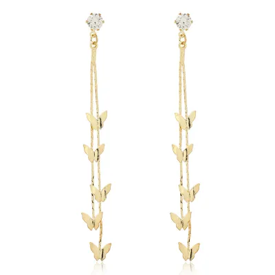 Women Fashion Elegant Crystal Butterfly Long Tassel Earrings