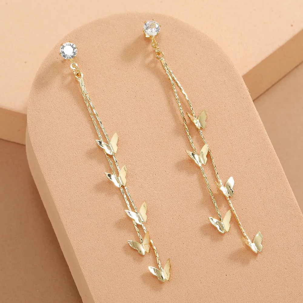Women Fashion Elegant Crystal Butterfly Long Tassel Earrings