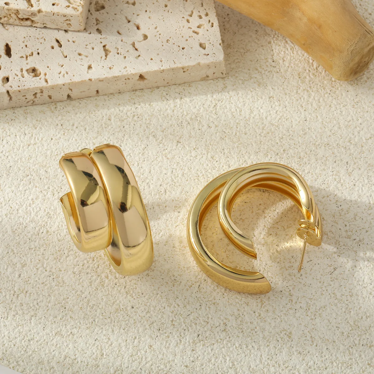 Women Fashion Exaggerated Double-Ring Metal C-Shaped Earrings Instagram Wind Geometric